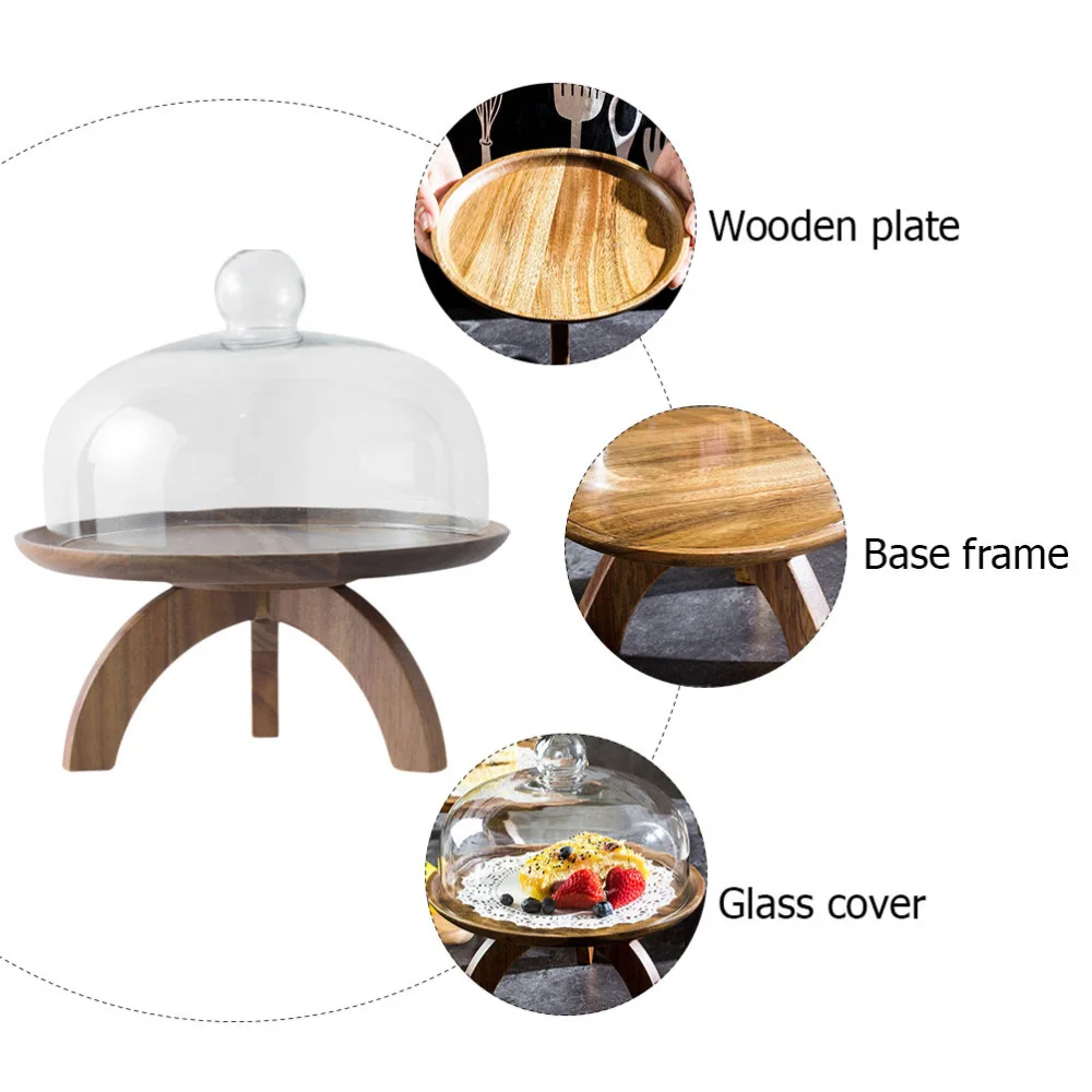 

1Pc Wooden Cake Plate Dessert Fruit Platter with Glass Lid (Assorted Color)