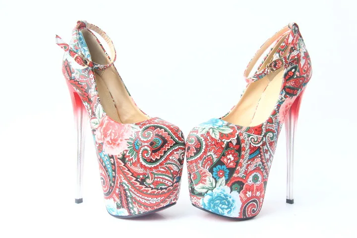 

Hot Sale US4-11 Womens Super High Heels Stilettos Mixed Colors Printed Platform Ankle Straps Shoes Party Sexy 20cm Heels Plus