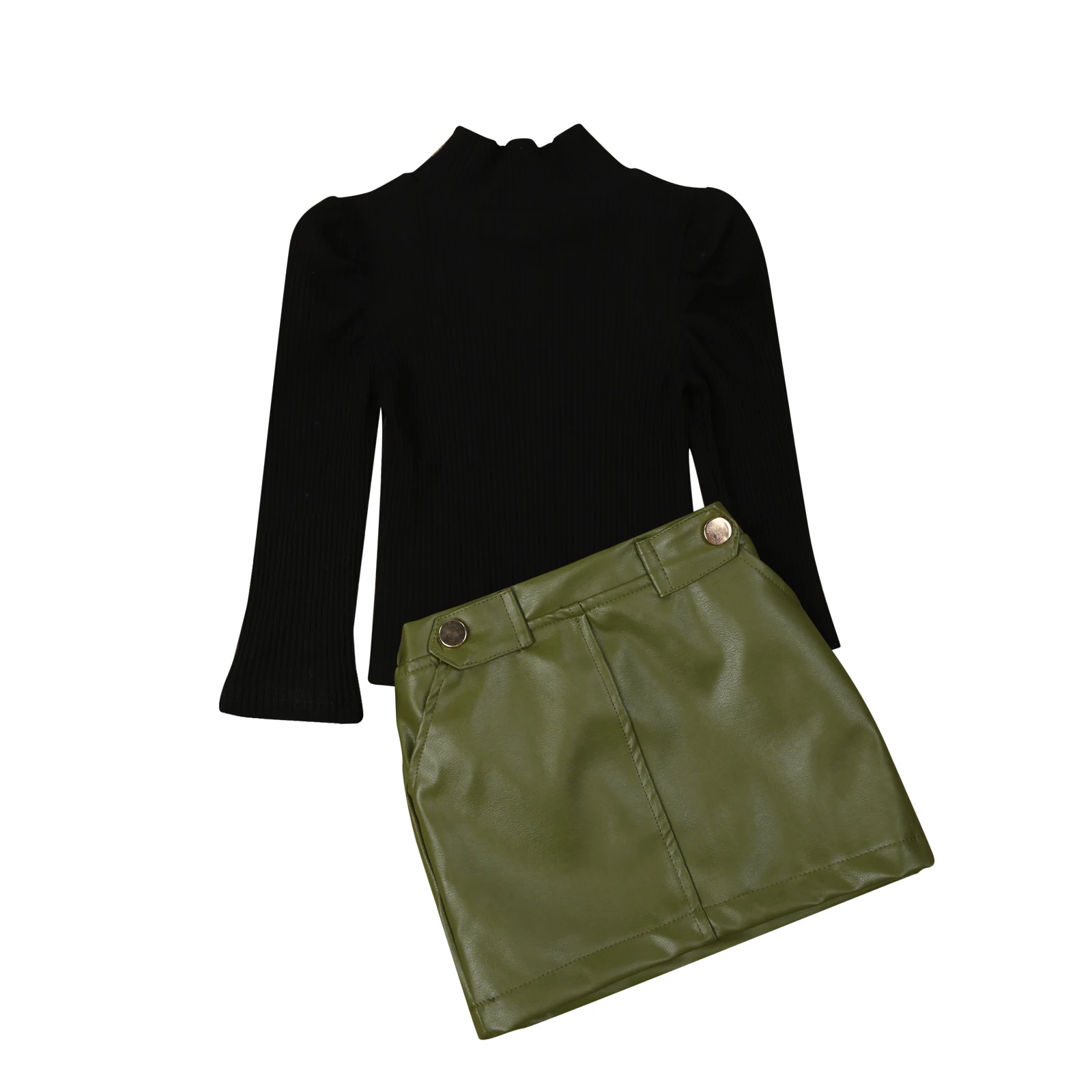 

Kids Girls Autumn Winter Clothes Long Sleeve Knitted Blouse Shirts+PU Mini Skirts 2pcs Children Outfits