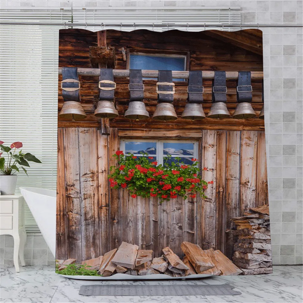 

Window Outside Forest Bridge Spring Landscape Creativity Shower Curtain Zen Stone Tree Building Scenery Cloth Curtains