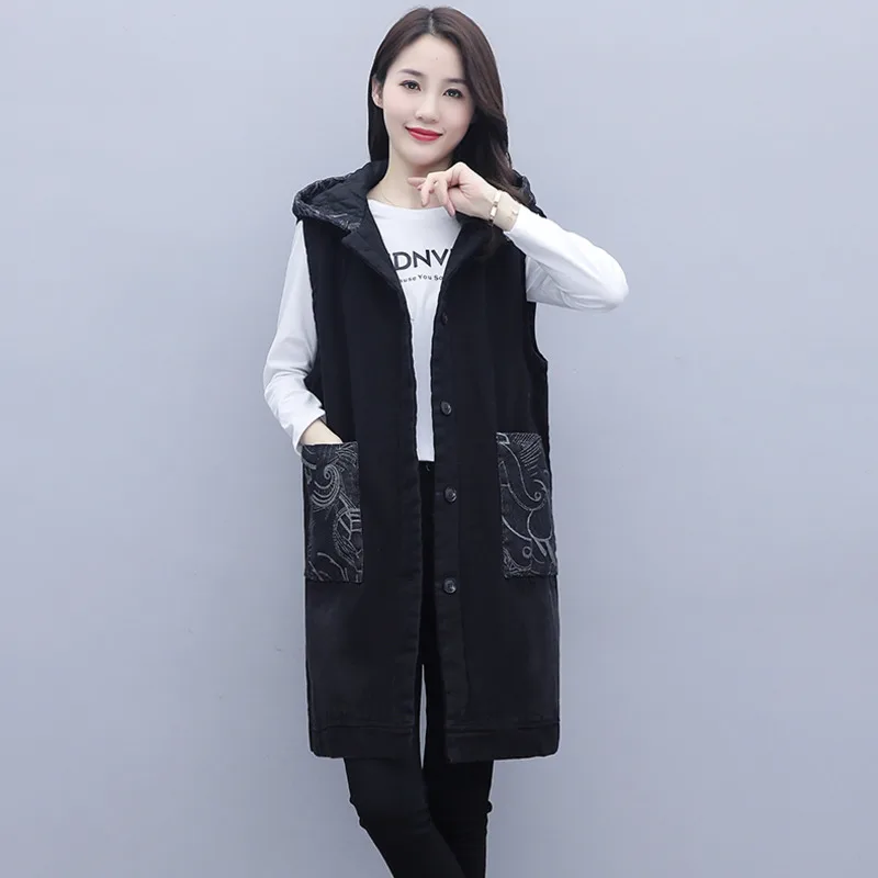 

Korean Fashion Femme Women's Vest Denim Trench Coat Woman Jacket Waistcoat Printing Female Sleeveless Long Hooded Overcoat