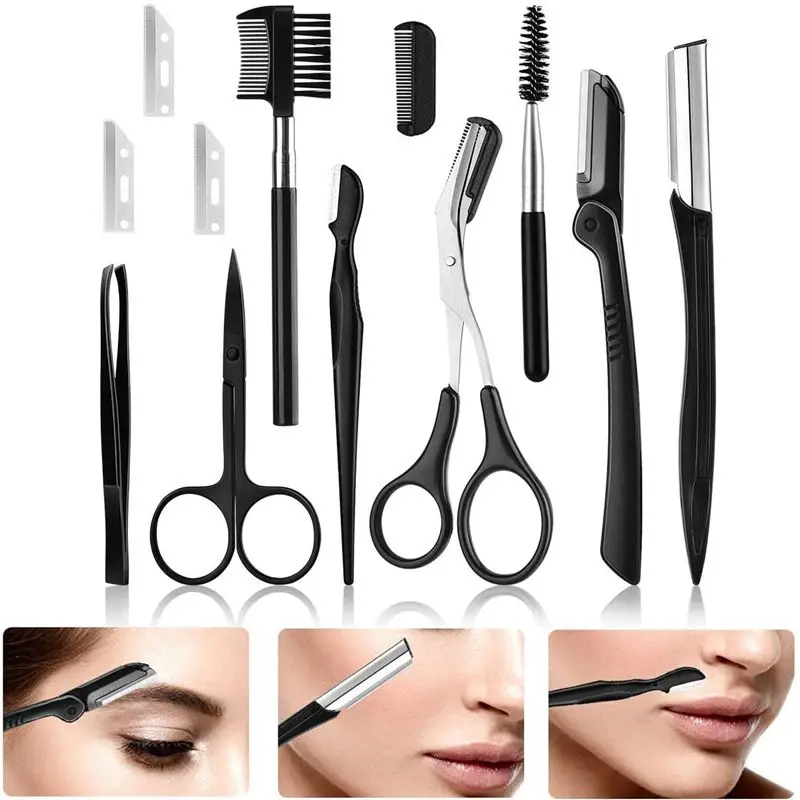 

Brow Razor Blades Eyebrow Trimmer Set Hair Remover Eyebrow Comb Eyelash Brush Scissors Kit Women Beauty Folding Makeup Tool