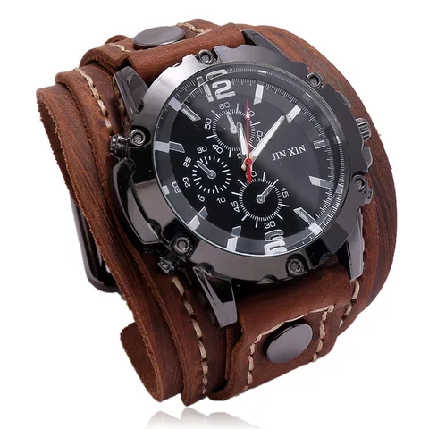 Спортивные кварцевые часы для мужчин, Роскошные наручные часы, ремешок из 2022 воловьей кожи в стиле панк, мужские широкие часы с браслетом из натуральной кожи