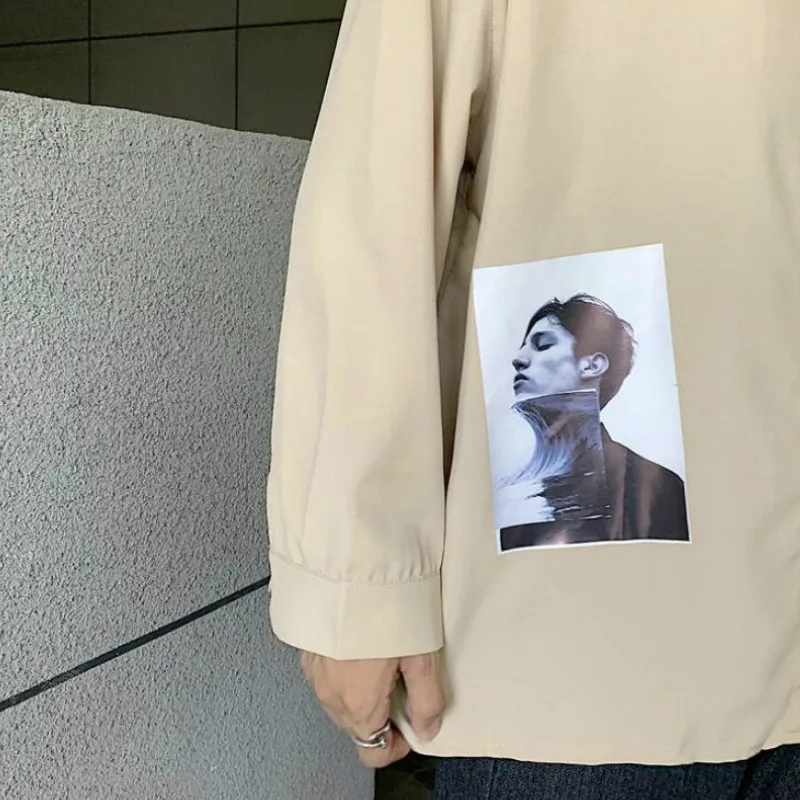 

Men Shirts Spring Long Sleeve Character-printed Korean Leisure Loose Mens Outwear Hip-hop Ulzzang Street-wear Simple Fashion New