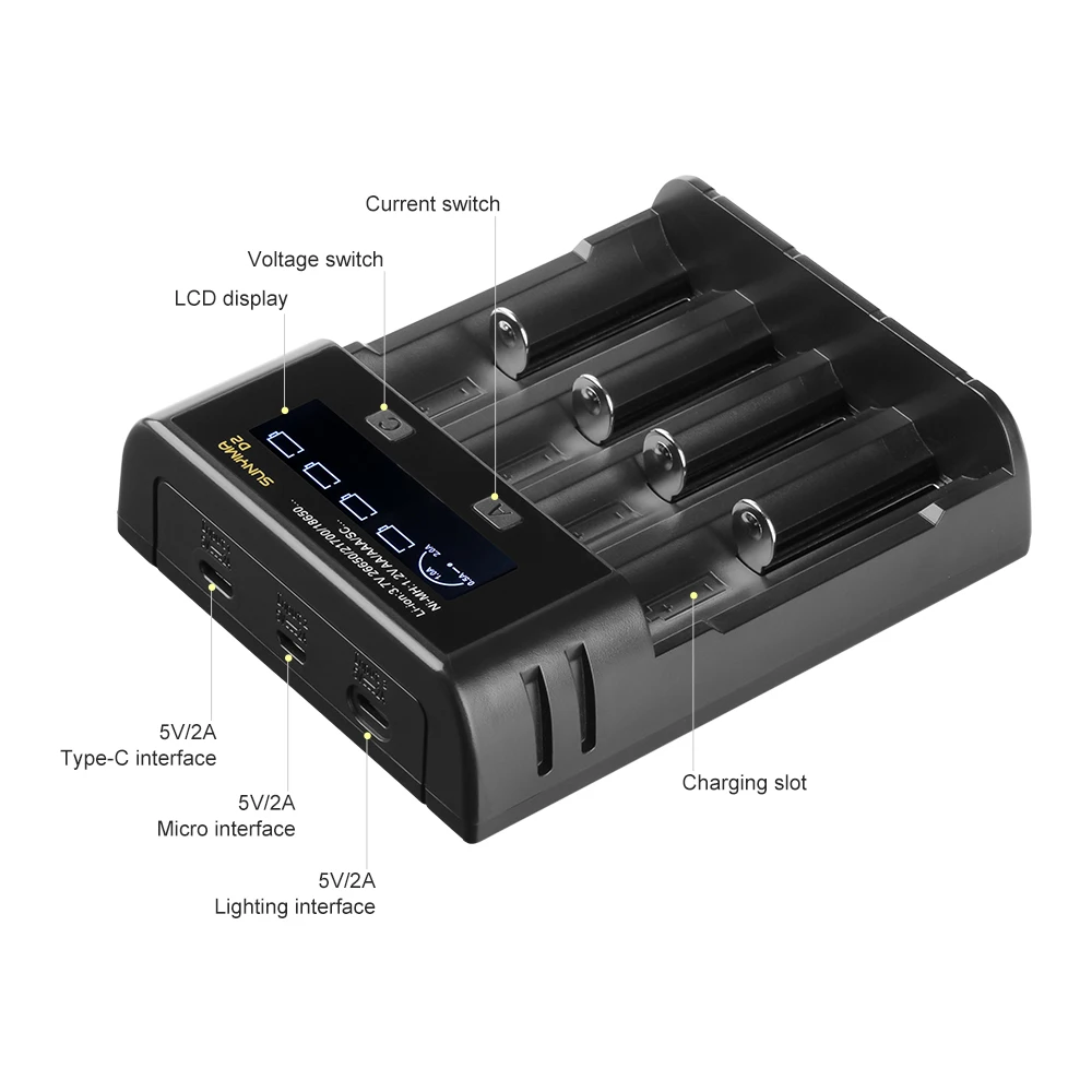 SUNYIMA D2 3 7 V 18650 4 Слот c Батарея Зарядное устройство для AAA/AA 5V2A ЖК-дисплей/usb-камера с