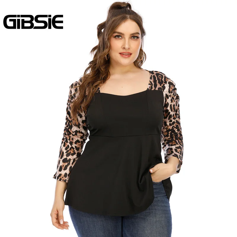 

Женская винтажная блузка с баской GIBSIE, черная блузка с леопардовым принтом и V-образным вырезом, Повседневная Блузка с рукавом 3/4 на осень и р...