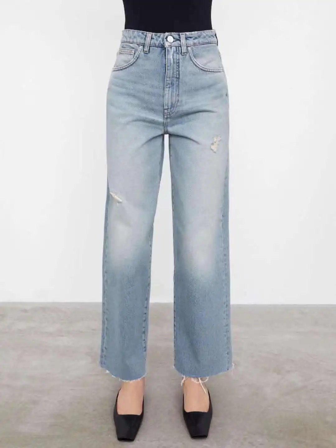 

Women's Denim Trousers High Waist Hole Solid Color Female Retro Wide-length Jeans