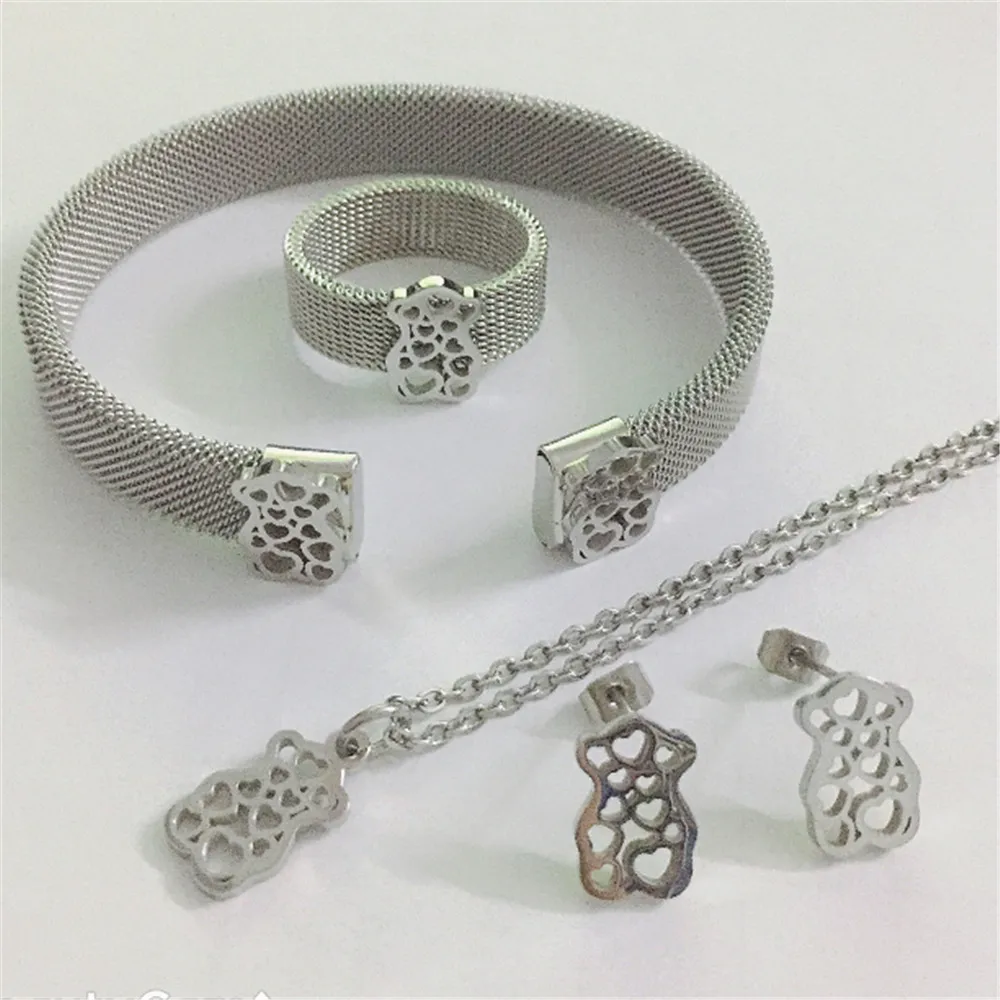 Комплект ювелирных изделий с медведем сетчатые браслеты из нержавеющей стали