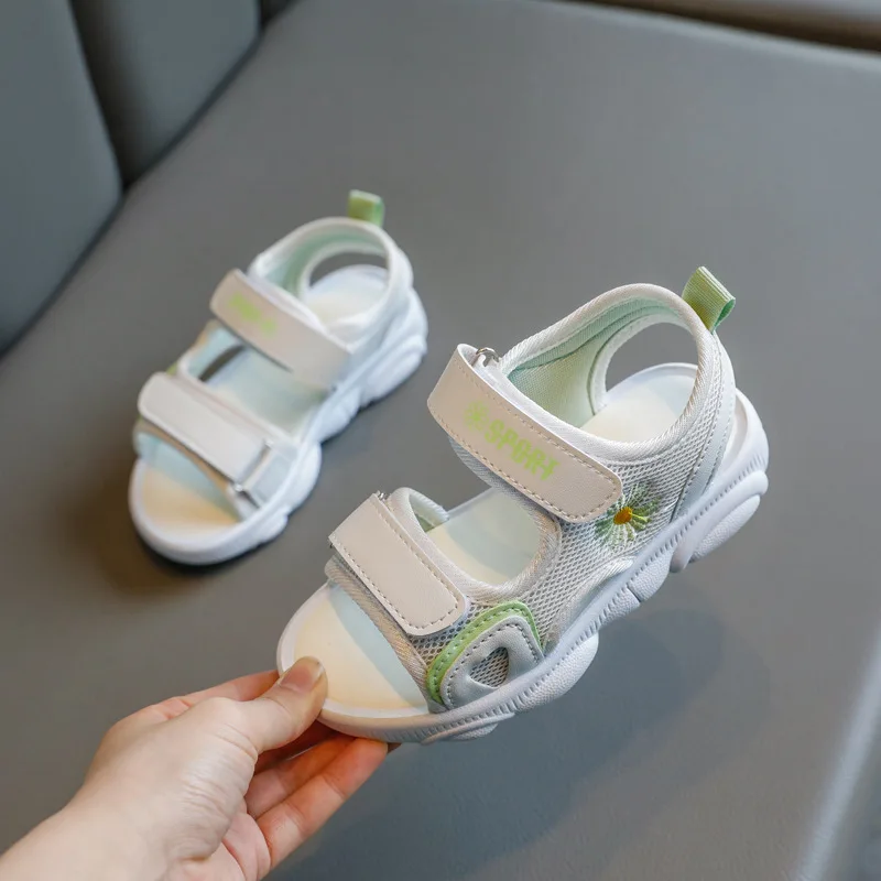 

New 2021 Summer Princess Girls Sandals Children Shoes Pink Flowers Flat Breathable Sandals Green Non-slip Shoes Kid's Shoe