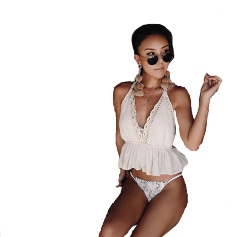 

European and American Women's Clothing Summer Lace V-neck Strap Sexy Top Beach Shooting Women's Camisole white crop top