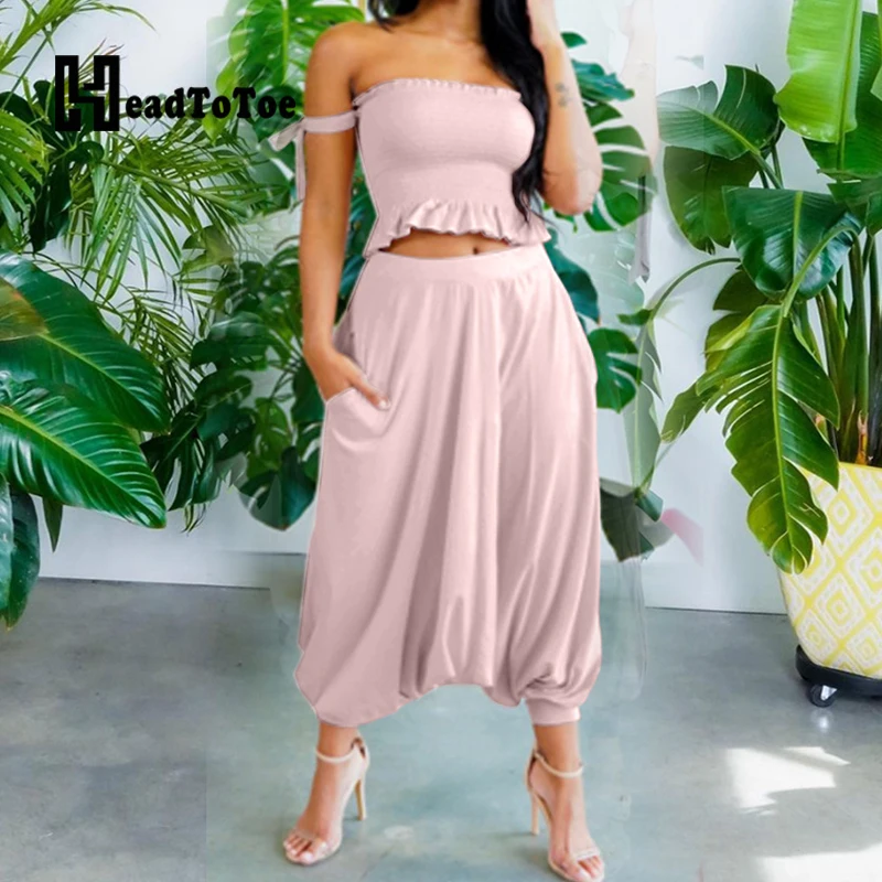 

Solid Frill Hem Bandeau Navel Casual Two Piece Set Women Sleeveless Slash Neck Chiffon Loose 2 Piece Set Women