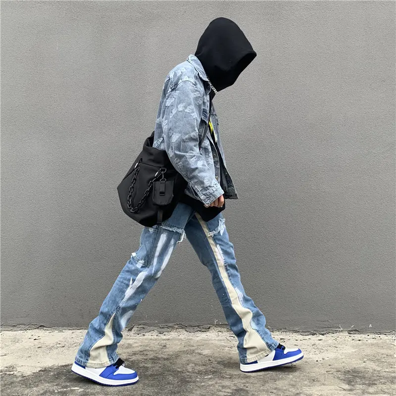

ICCLEK High Street Washed Jeans Distressed Stitching Jeans Men's Straight Loose Pants Baggy Jeans Straight Leg Jeans