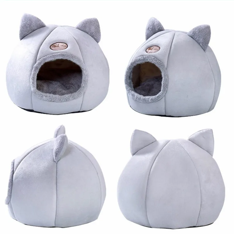 

Winter Warm Pet Beds Cute Cat Head Shape House Puppy Bed Foldable Velvet Beds for Kitten Rabbit Small Dog Removable Pets Cave