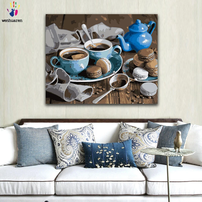 DIY картинки для раскраски по номерам с цветами кофе завтрак Макарон картина