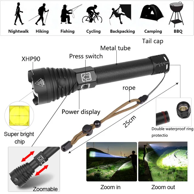 Самый мощный светодиодный фонарик XHP90 с зарядкой от USB фонарь зумом XHP70.2
