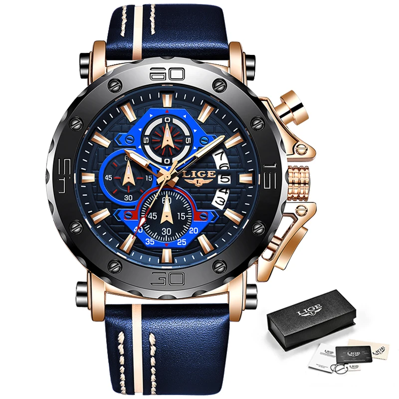 

New Mens Watches LIGE Top Brand Luxury Big Dial Military Quartz Watch Casual Leather Waterproof Sport Chronograph Watch For Men