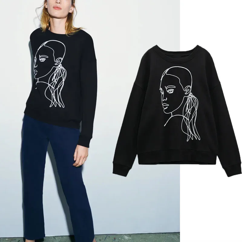 

Женский свитшот с длинным рукавом Za, свободный черный пуловер для девушек, винтажная уличная одежда, шикарный топ, осень 2021
