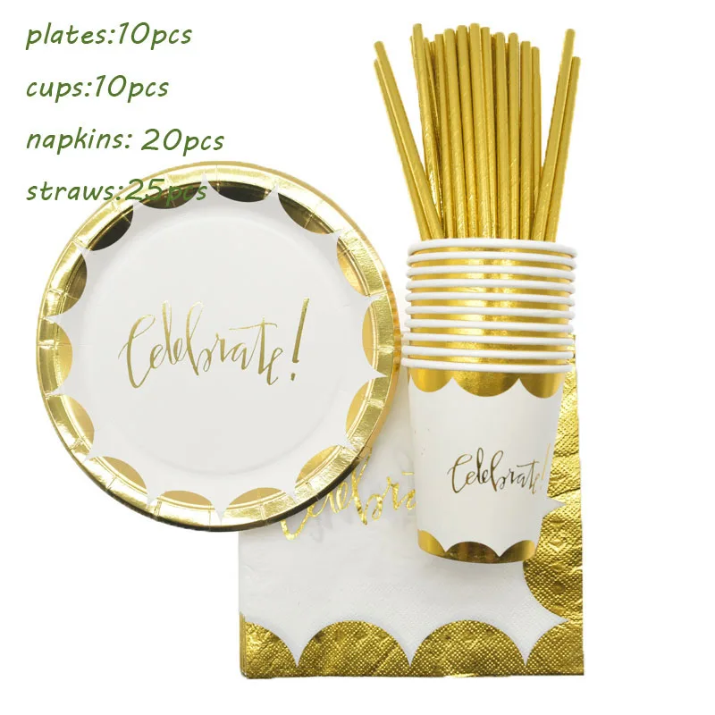 65pcs set Фольга золото одноразовая посуда бумажные тарелки соломинки салфетки праздновать День Рождения вечерние принадлежности для кружева свадебные украшения - Цвет: 65pcs set