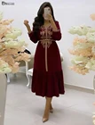 Женское атласное платье-трапеция ниже колена, Бордовое платье с длинным рукавом, золотистым кружевом, платье для вечеринки в арабском стиле, Дубай, 2021