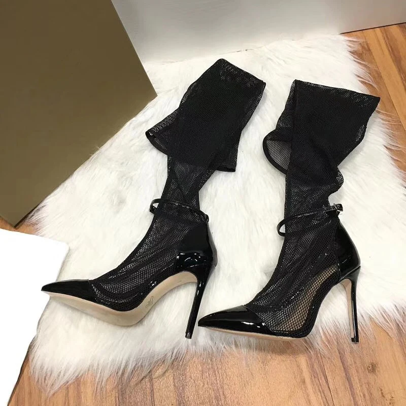 Женские сетчатые Сапоги выше колена с острым носком без застежки на плоской