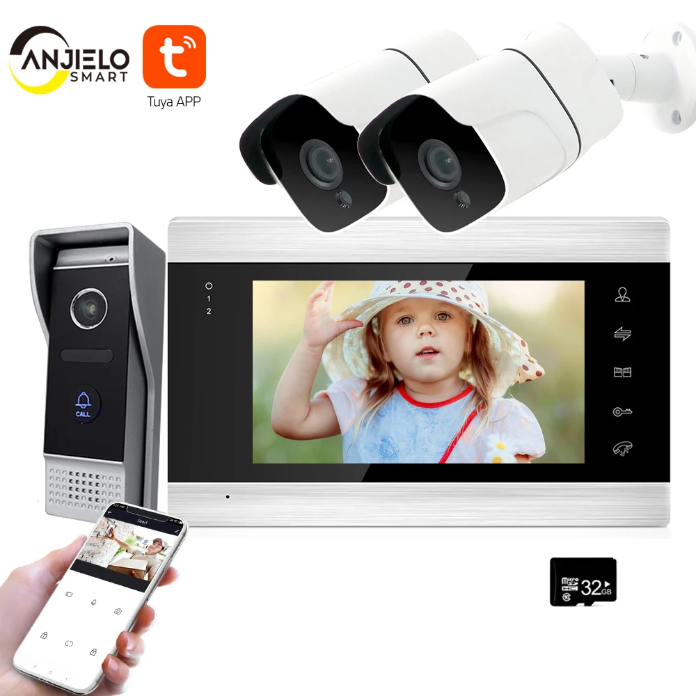 

AnjieloSmart New 7 Inch WiFi Smart IP Video Door Phone Intercom System with 2x720P Surveillance Camera,Support Motion Detection