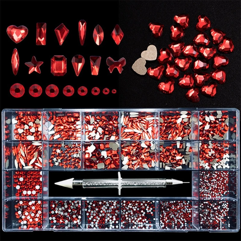 

094E Professional Nail Crystal Kit Multi Shapes Flat Back Rhinestone Manicure DIY Art Accessories in a Storage Organizer