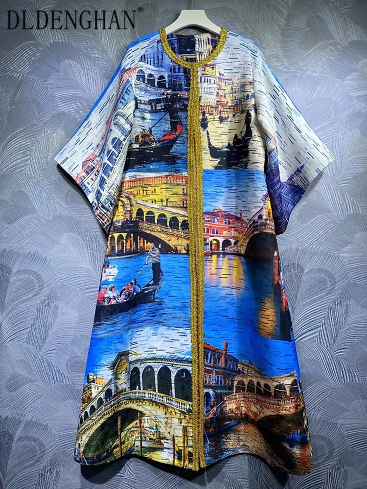

DLDENGHAN Fashion Runway Designer Autumn Coat Women O-Neck Flare Sleeve Beading Buildings Print High Street Long Overcoat Outwea