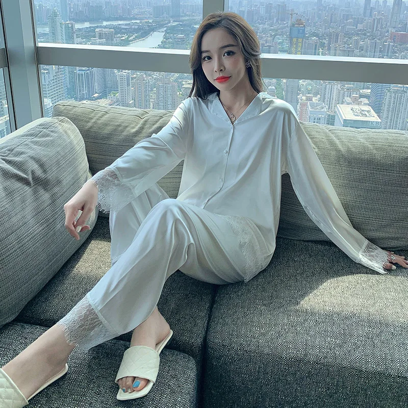 Korean Pajamas Women's Autumn Ice Silk Long Sleeve Lace Button Cardigan Casual Thin Home Suit Female Sleepwear Lady Nightwear