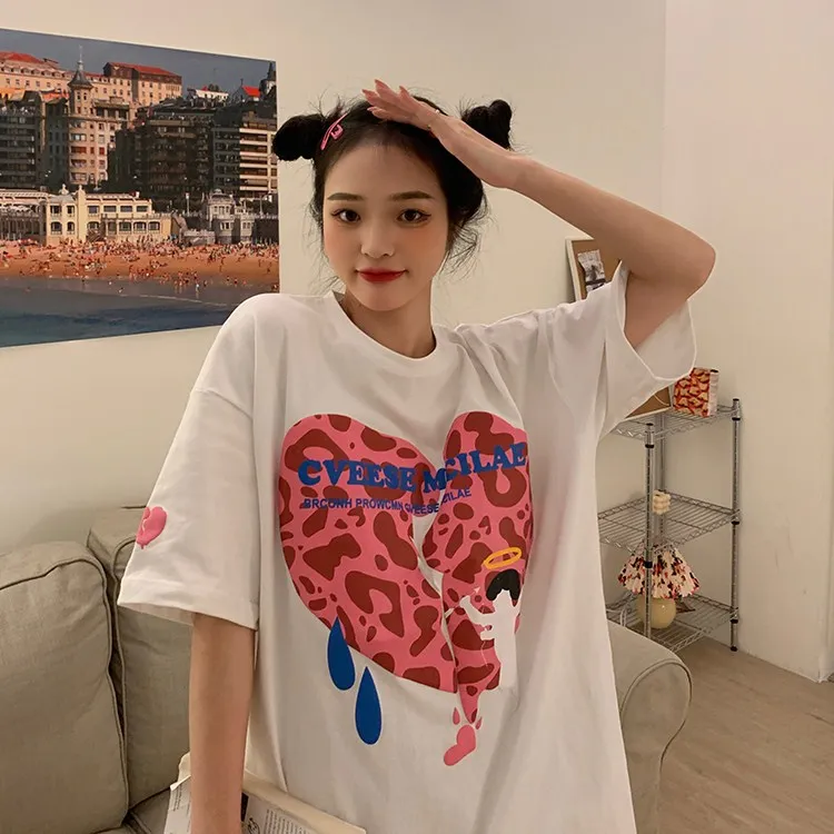 

YTX1026 Design niche mid-length 2021 new love leopard print T-shirt women