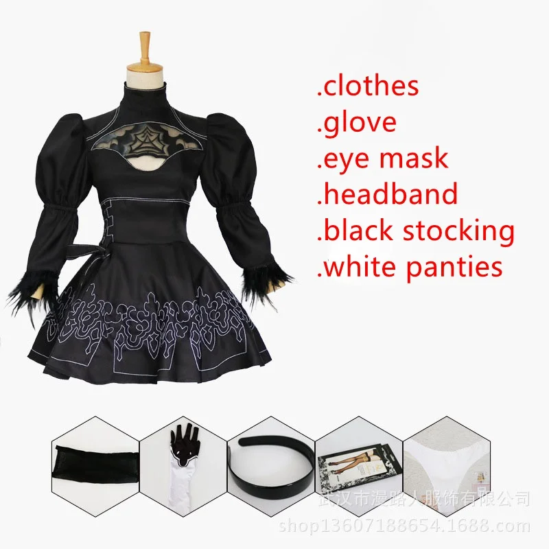 Full set of clothes Игра NieR: Automata jorha No 2 type B костюмы для косплея сексуальное черное платье с перчатками 2B синтетические парики для женщин девушек парадное платье - Цвет: Full set of clothes