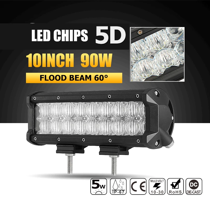 

10" 90W 5D LED Light Bar Flood Beam LED Straight Work Light Bar Offroad DRL Work Lamp for 4x4 Truck SUV ATV Boat Car 4WD
