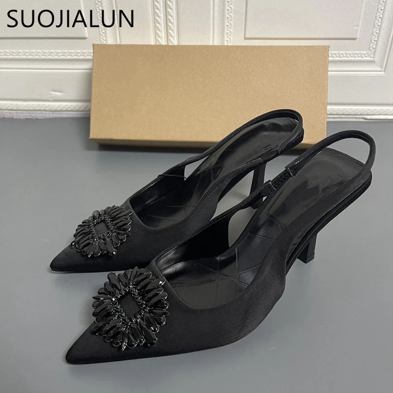 SUOJIALUN 2022 New Spring Fashion Crystal Buckle Sandals Women Thick High Heels Pointed Toe Slingback Shoes Elegant Slip On Mule