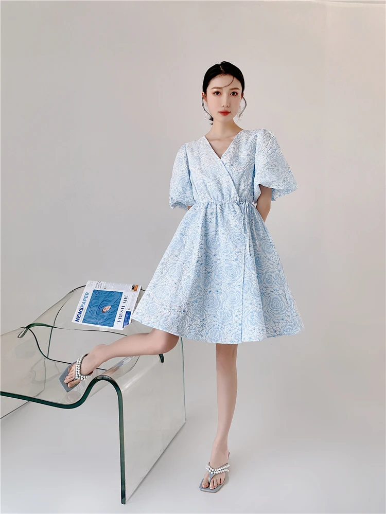 

CHEERART Vintage Blue Flare Sleeve V Neck Wrap Dress Women A Line Floral Knee Length Short Sleeve Summer Dress 2021 Tunics