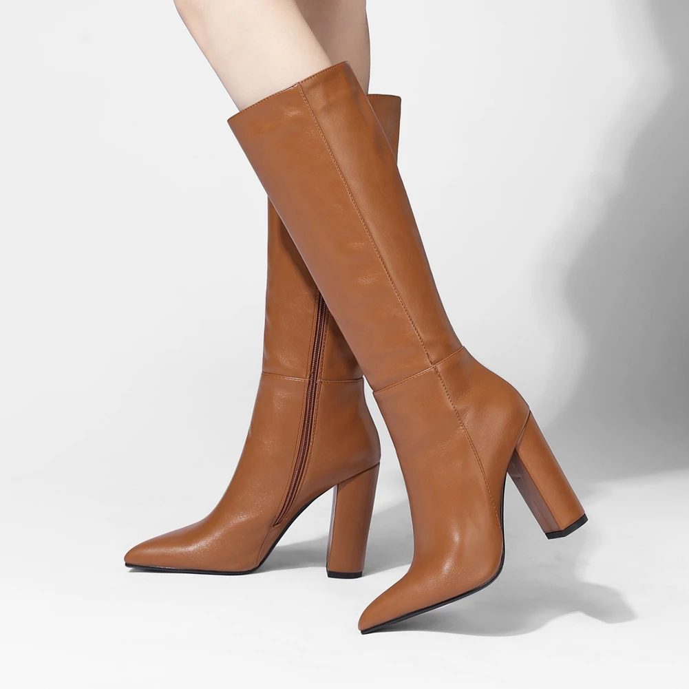 

RIBETRINI Women Sexy Elegant Pointed Toe Zipper Winter Shoes Women High Heels Solid Fashion Boots Brand Classic Boots