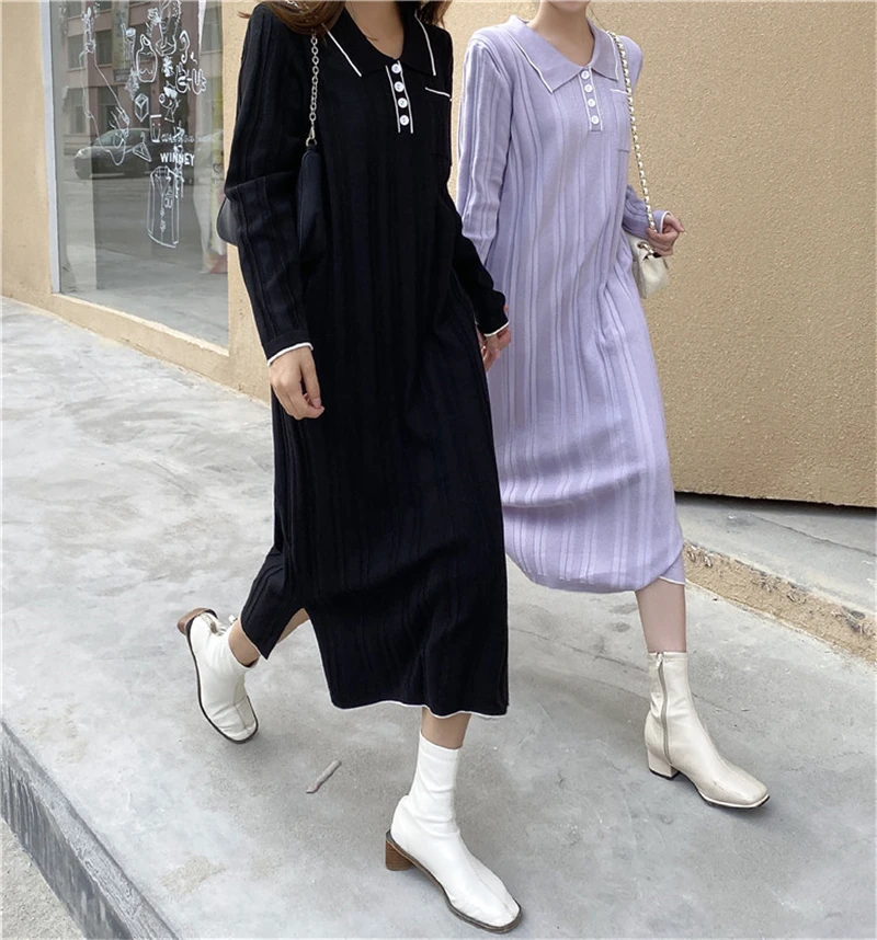 

Autumn 2021 New Solid Color Lapel Long-Sleeved Warm Pullover Knitted Dress Women's Mid-Length Lazy Style Loose All-Match Skirts