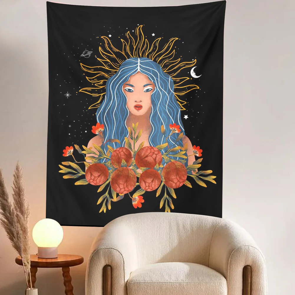 

Boho Moon Phase Tapestry Wall Decor Celestial Moon Stars Magical Sun Goddess Wall Hangings Tapestry Witch Sprei Cover Wall Decor