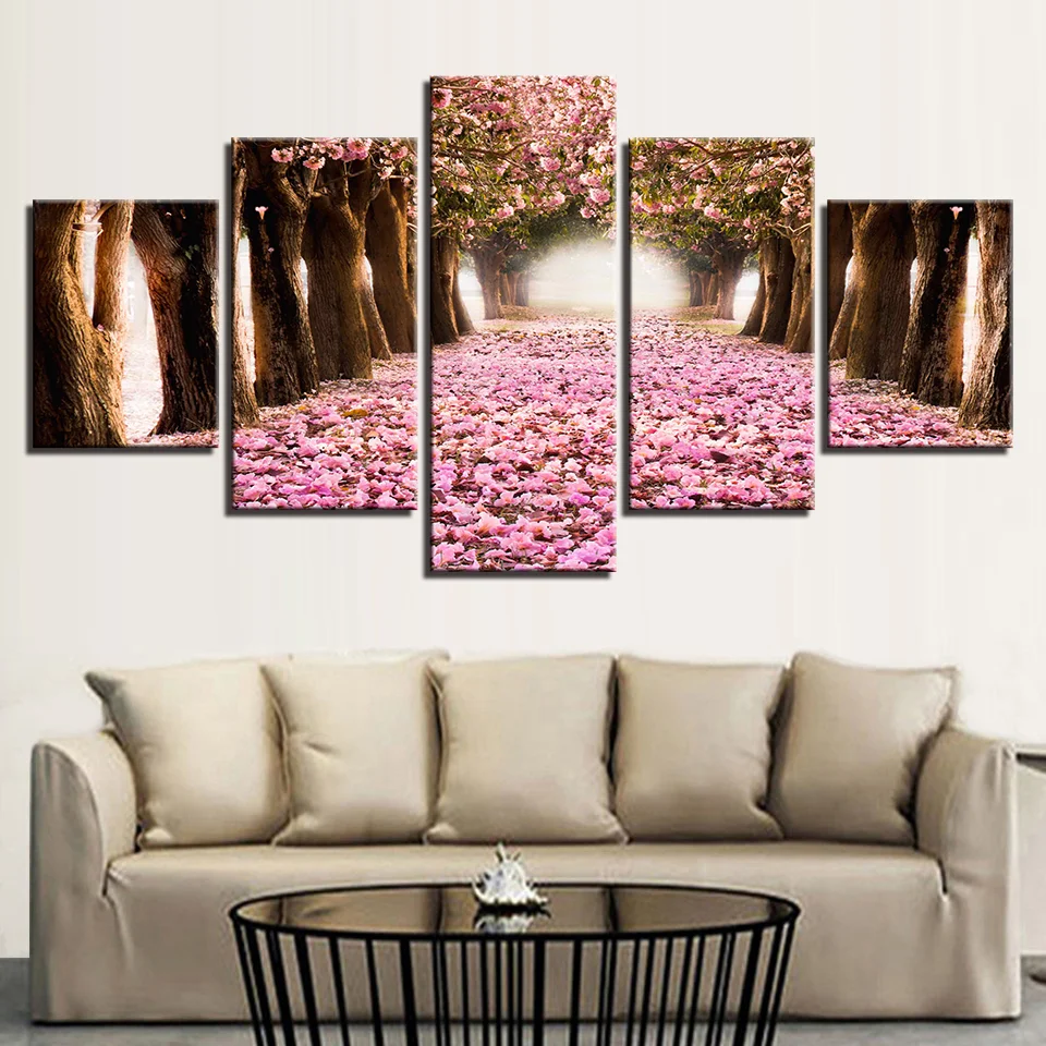 

5 Pieces Cherry Blossoms Forest Path Modular Canvas Wall Art Pictures HD Prints Painting Home Decor Flowers Trees Nature Poster