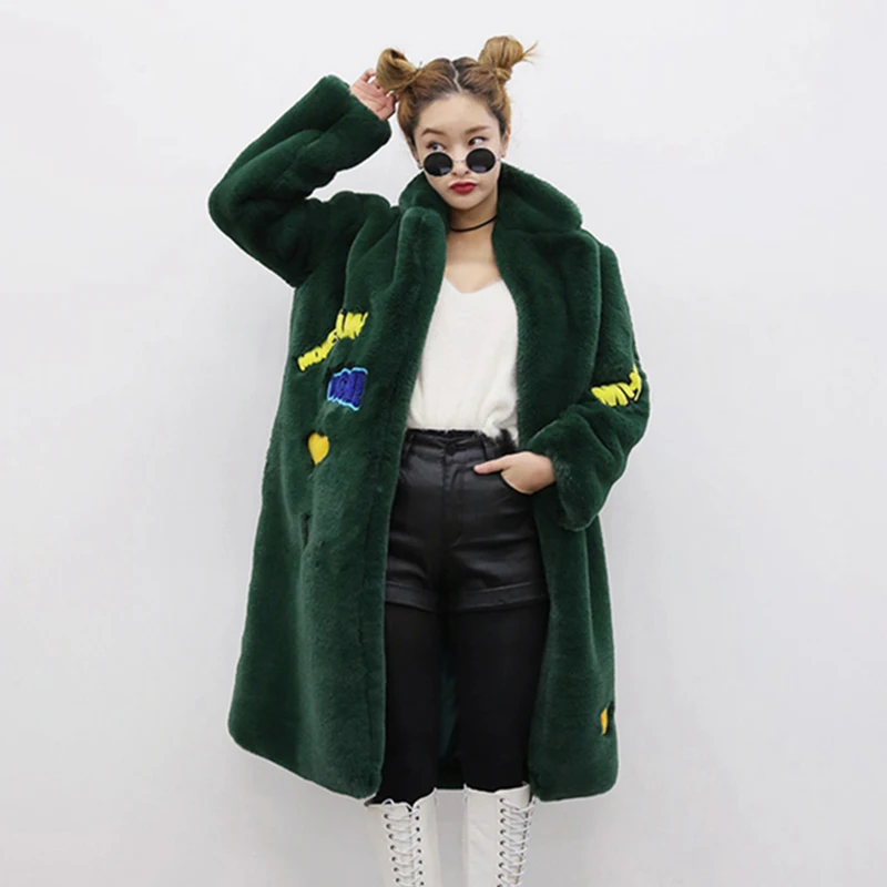 Winter Faux Fur Coat Women Warm Soft Fluffy Long Jacket Fashion Letter Warm Black Brown Green Faux Fur Jackets Overcoat Female
