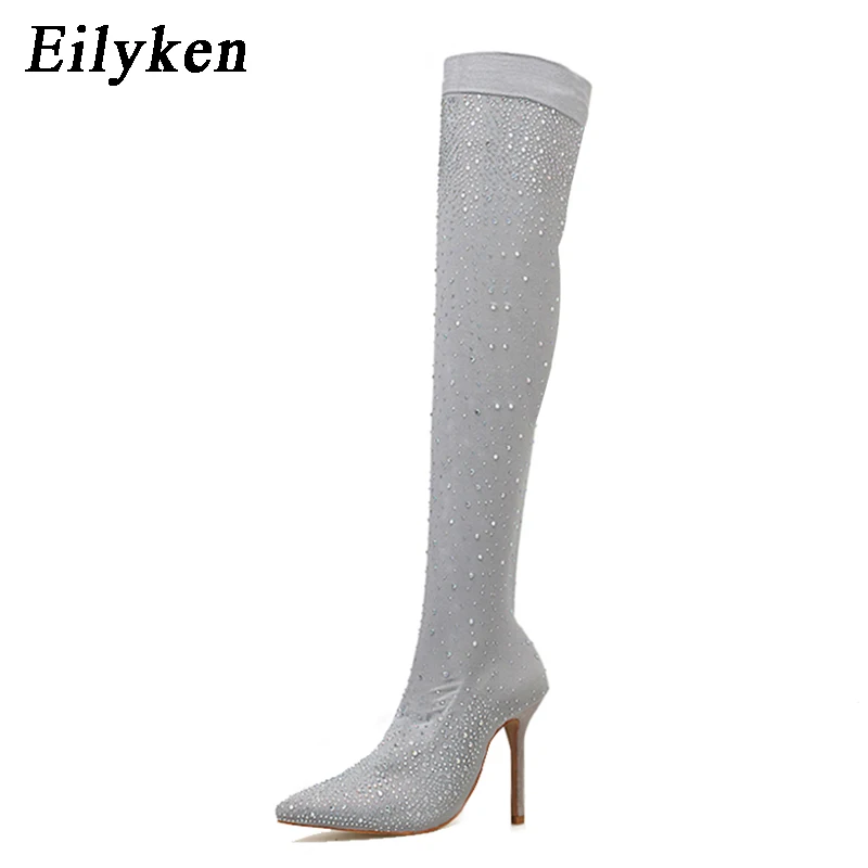 Gray 12CM Eilyken/ дизайн; модные сапоги выше колена с острым носком и украшением в виде кристаллов; высокие женские сапоги; Клубные сапоги-носки на высоком каблуке; Размеры 35-43 - Цвет: Gray 12CM