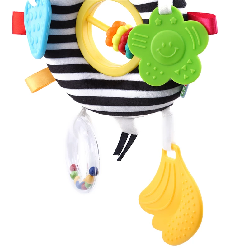 Черно белая полосатая подвесная погремушка в виде мультяшной коровы с гелем для