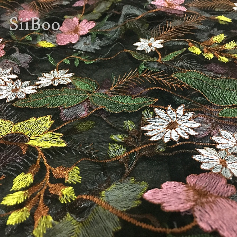 Черная сетчатая кружевная ткань с цветочной вышивкой для свадебного платья tela