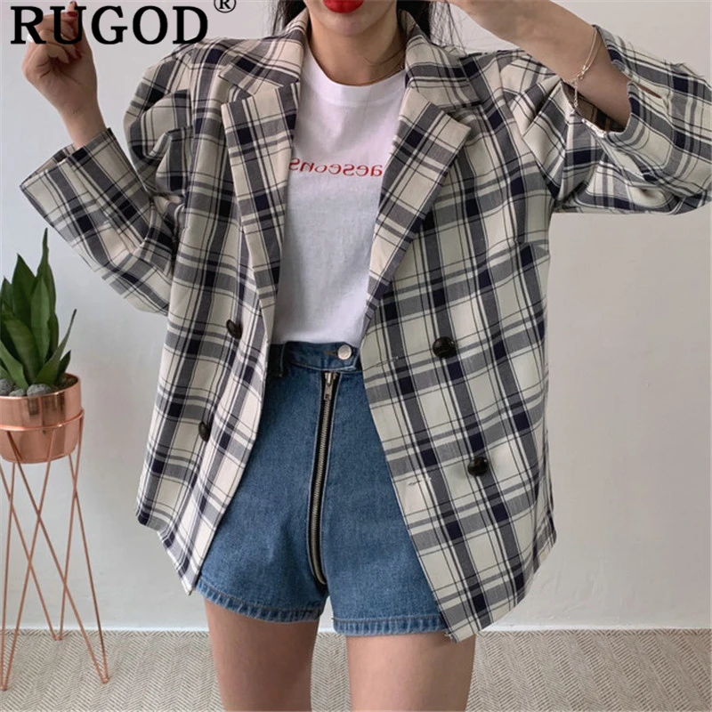 RUGOD, модные женские клетчатые куртки ins, корейский стиль, с пышными рукавами, с длинным рукавом, на шнуровке, для офиса, для девушек, Блейзер, куртки, Ретро стиль, Auturm, пальто