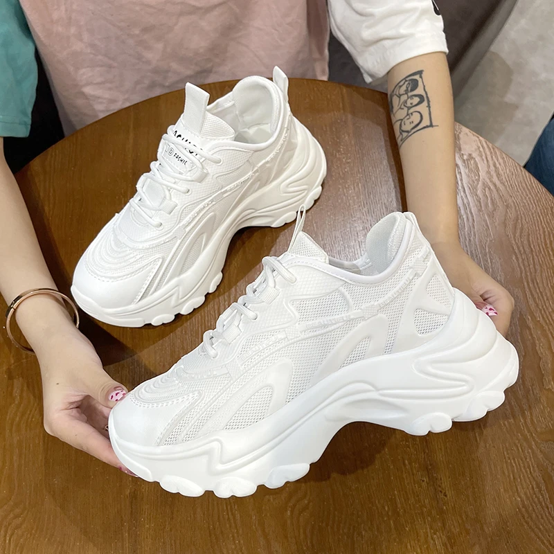 

2021 Sneakers Women Casual Platform Shoes Basket Femme Thick Bottom Sport Trainers Breathable Mesh White Chunky Sneakers Women