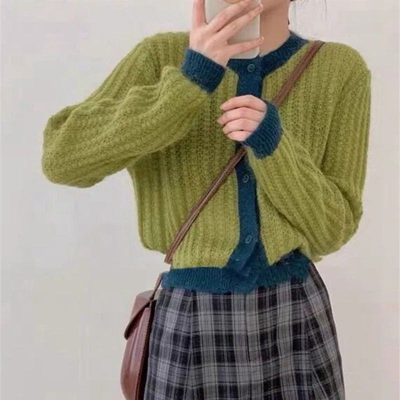 

Женский контрастный короткий свитер, Новинка осени 2021, трикотажный кардиган с длинным рукавом