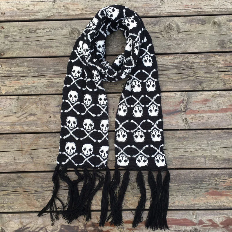 

Wholesale Italy stylish skull winter knitted unisex women men scarf skeleton acrylic scarf wraps with fringe black Casual
