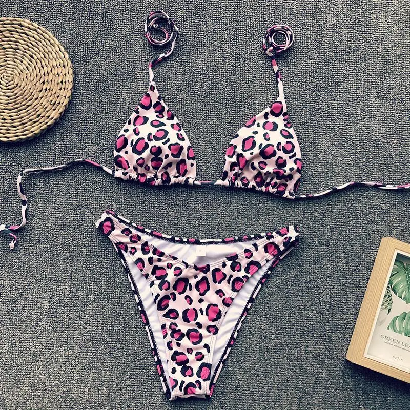 Женский купальник бикини с леопардовым принтом глубоким v образным вырезом и пуш