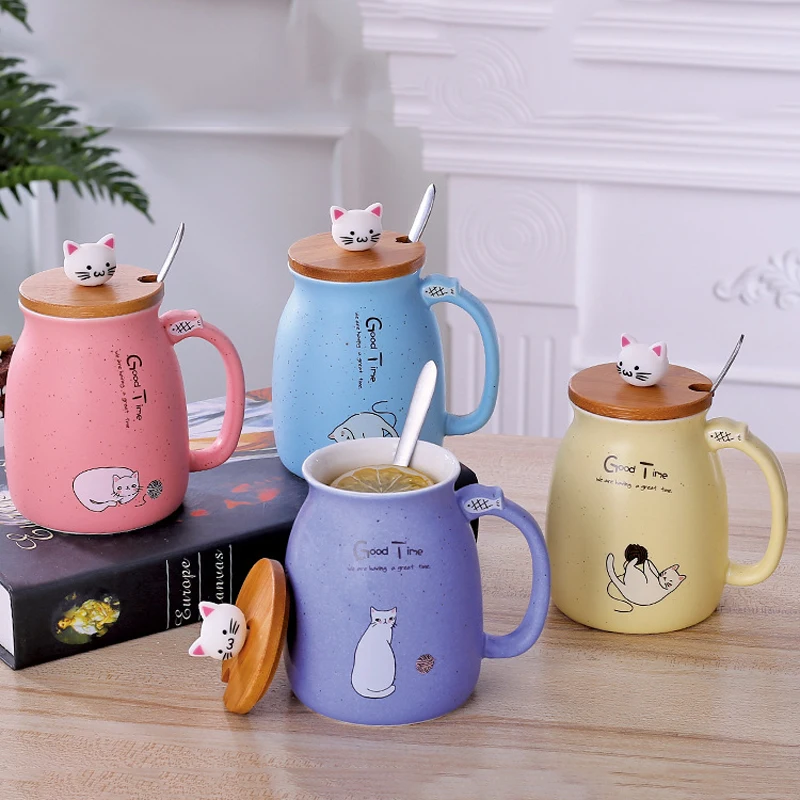 Hot Color With Lid Cup Kitten Milk Coffee Ceramic Mug Children Cartoon Sesame Cat Heat-resistant | Дом и сад