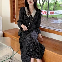 elegant dot black long dress women korean style office lady slim vintage dress autumn lace up loose long sleeve dress 2021 new