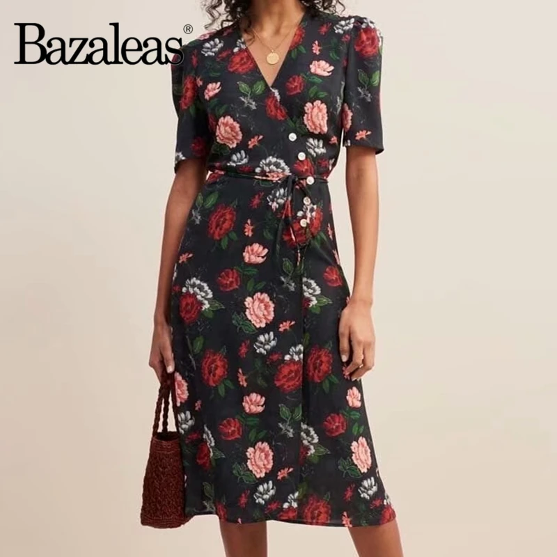 Bazaleas Франция Arles цветочный принт Черный vestido модное крепление галстук боковые