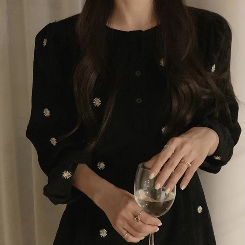 

Women's Corduroy Round Neck Mid-Length High Waist Dress Black